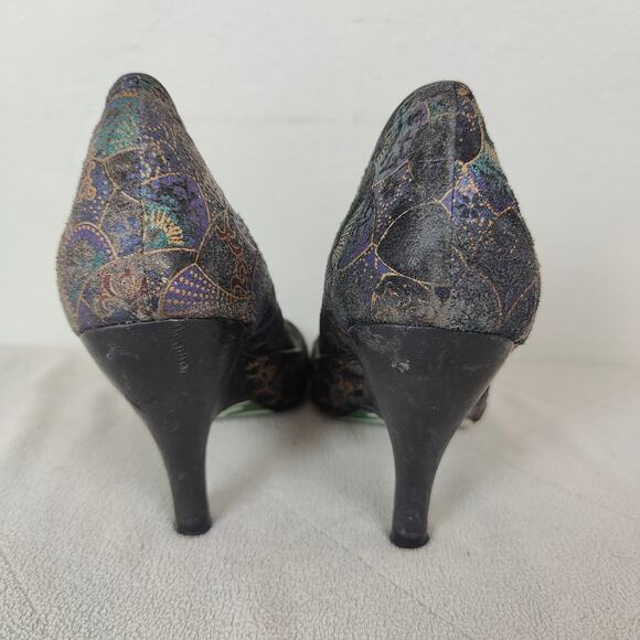 Irregular Choice Peacock Wedge Heels Womens 7 Multicolor Velvet Embossed Shoes - Picture 6 of 8